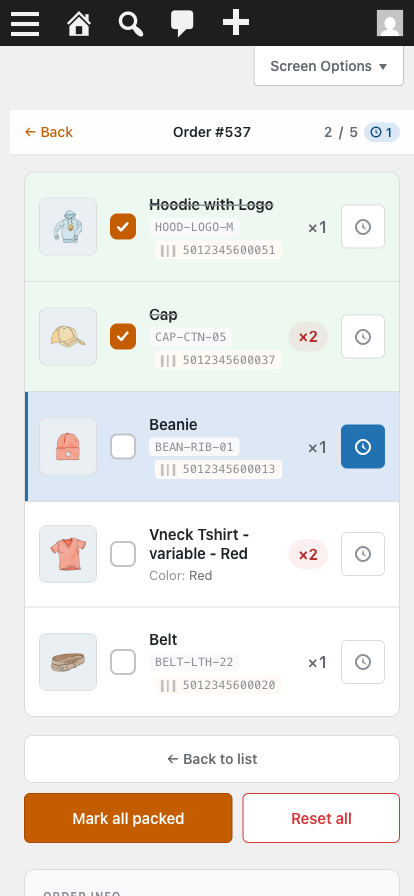 Packing detail — the per-item checklist with large tap targets.