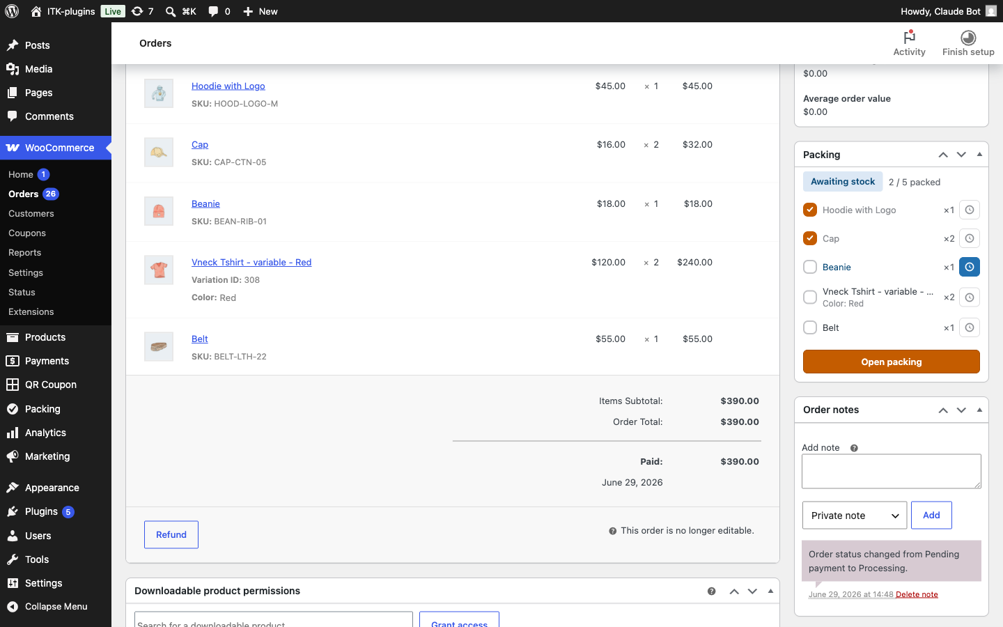 Single-order edit screen — the "Packing" meta box with status and progress.
