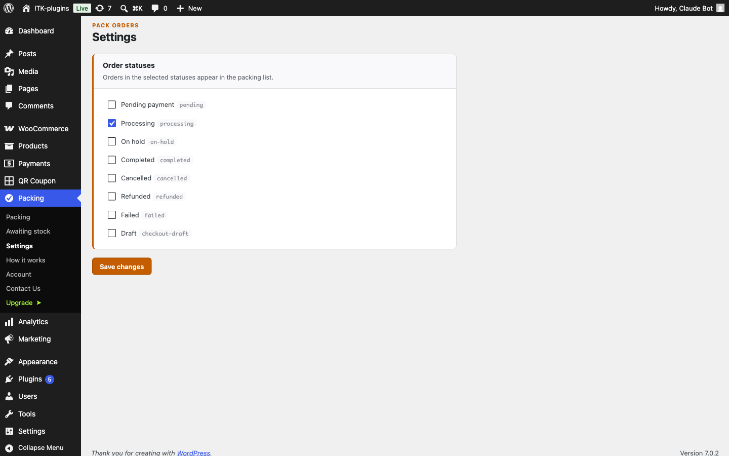 Settings — choose which order statuses count as "needs packing".