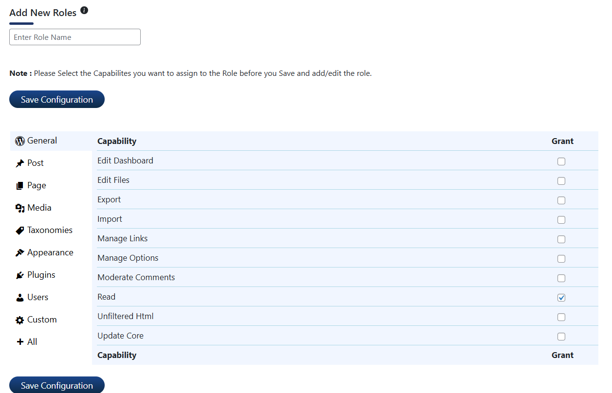 Create new roles by defining custom capabilities