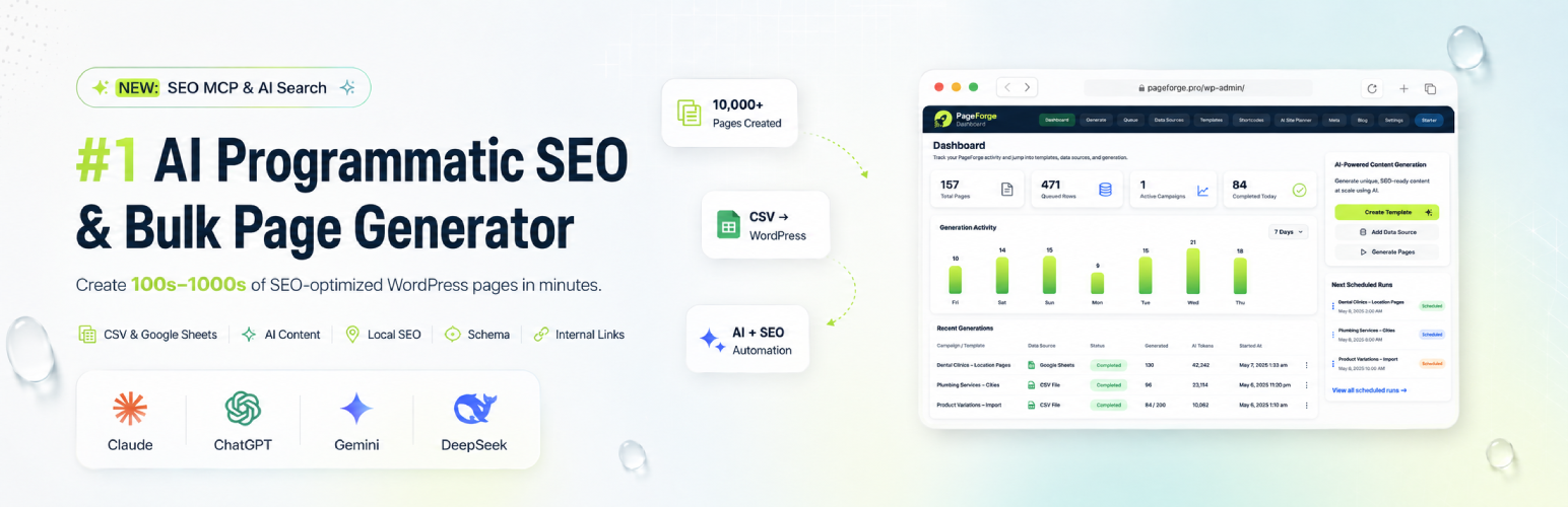 WordPress 外掛 PageForge – AI Programmatic SEO, Bulk Page Generator, SEO MCP & Local SEO 的封面圖片
