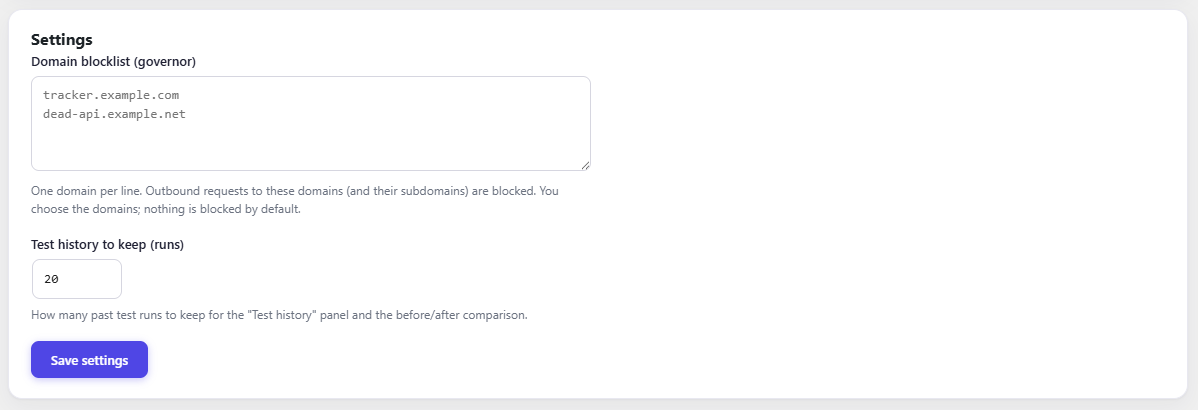 Settings: an optional domain blocklist you control. Nothing is blocked by default.