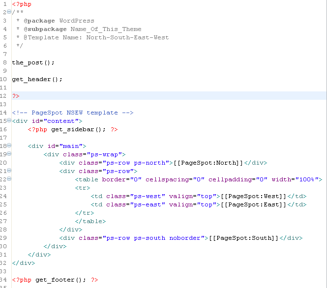 An example PageSpot template, pagespot-nsew.php, with spots for North, South, East, and West