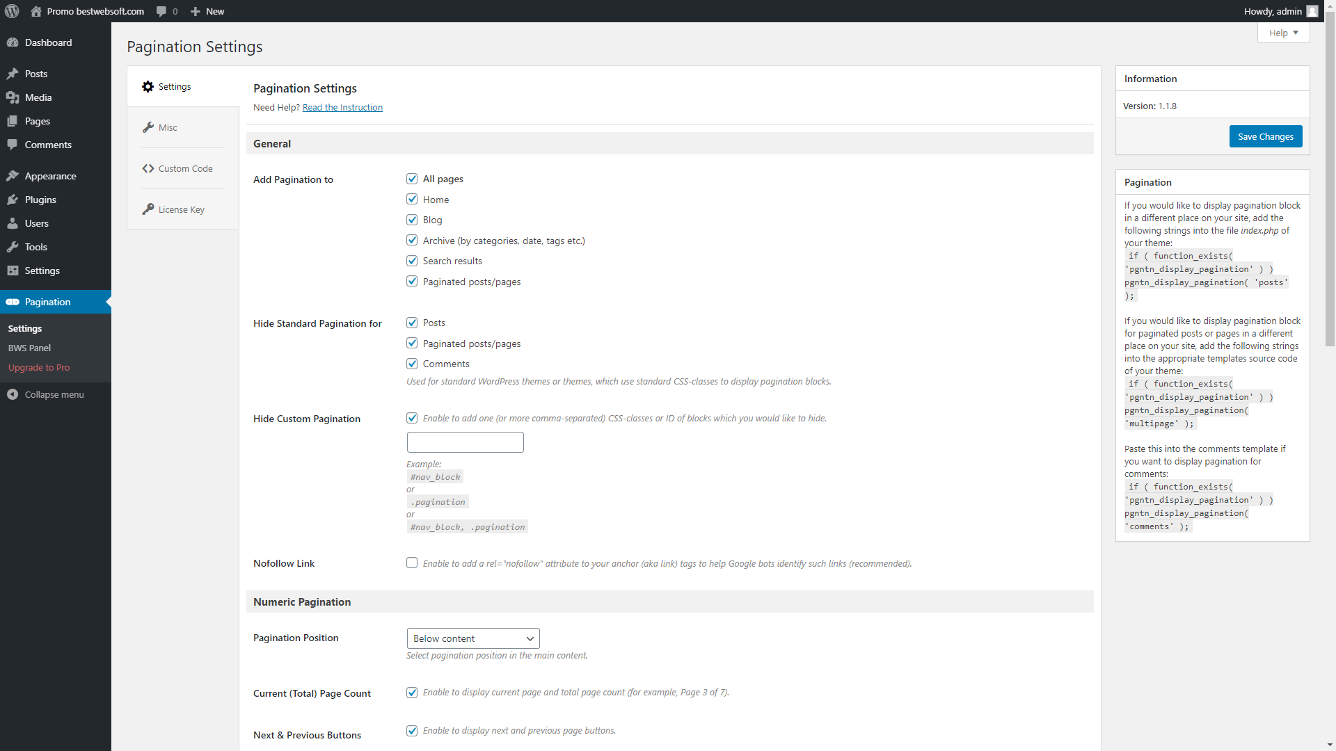 Plugin settings in WordPress admin panel.