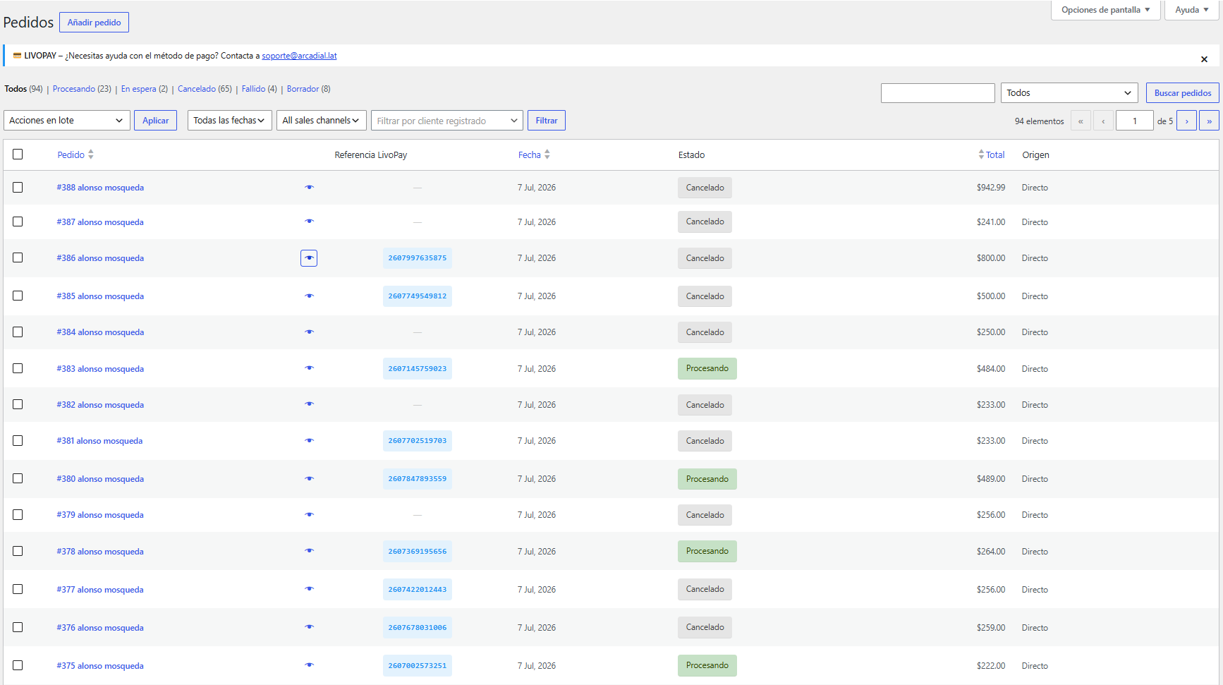 LivoPay reference column in the WooCommerce order list.