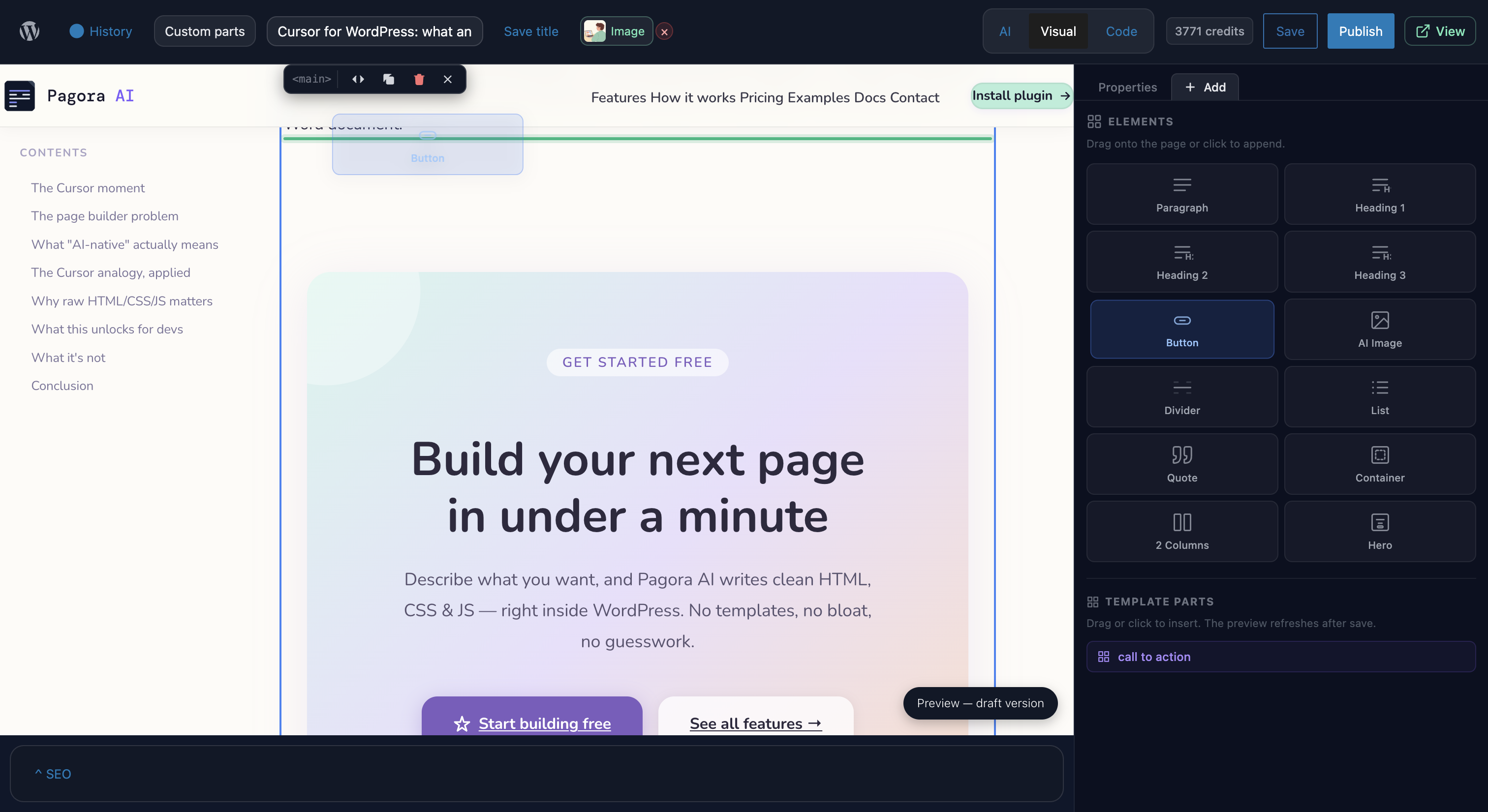 Version panel — restore any snapshot in one click.