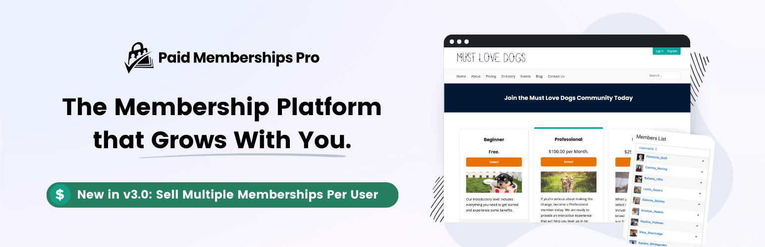 WordPress 外掛 Paid Memberships Pro – Content Restriction, User Registration, & Paid Subscriptions 的封面圖片。