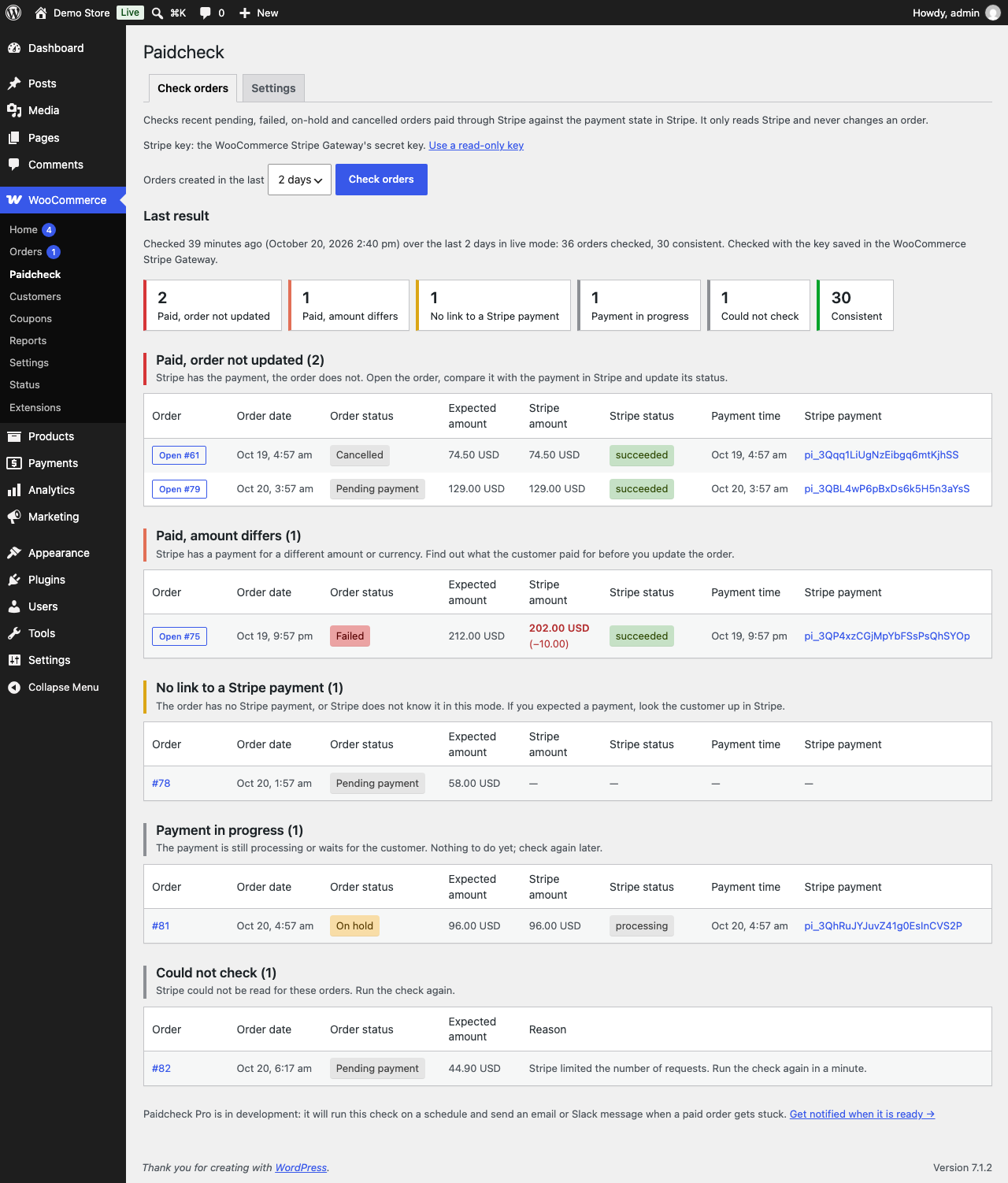 Findings grouped by result, with both amounts, both statuses and a link to each payment in the Stripe Dashboard.