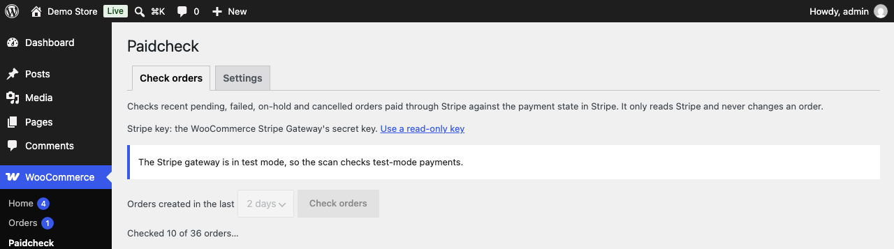 A check in progress. In test mode the screen says that it checks test-mode payments.
