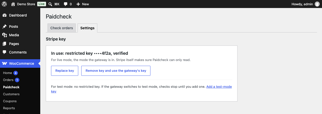 The Settings tab with a read-only restricted key in use, shown only by its last four characters.