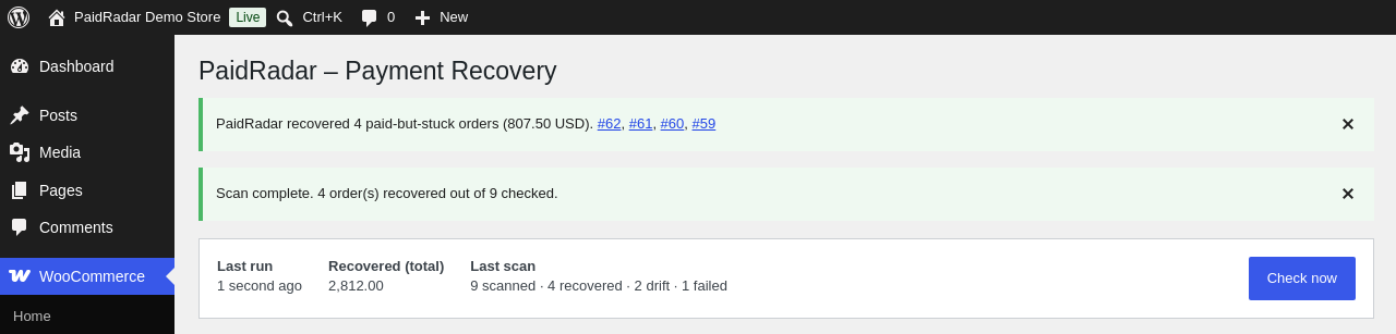 PaidRadar dashboard: last run, total recovered, and the "Check now" button.