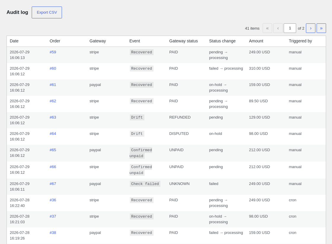 The payment audit trail with per-order events and status transitions.
