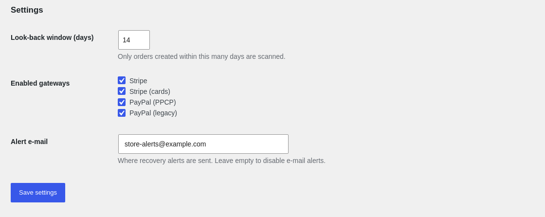 Settings: look-back window, enabled gateways and alert e-mail.