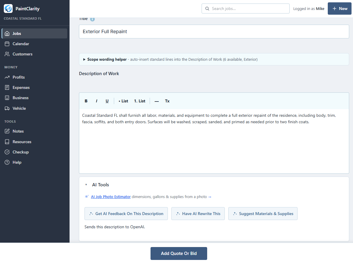 The quote/estimate builder with scope components and inclusions/exclusions.