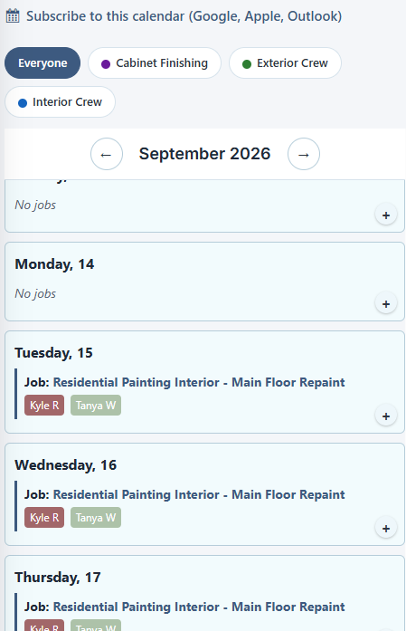 The scheduling calendar with crews, worker badges, and holiday labels.