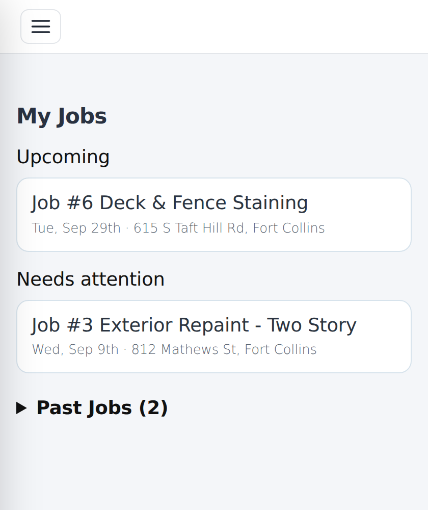 A painter's phone view: My Jobs, directions, and offline check-in.