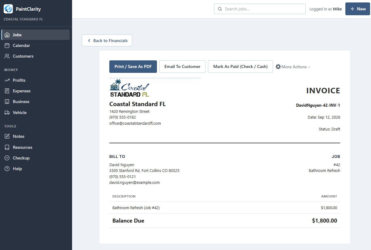 An invoice with online payment and mark-as-paid.