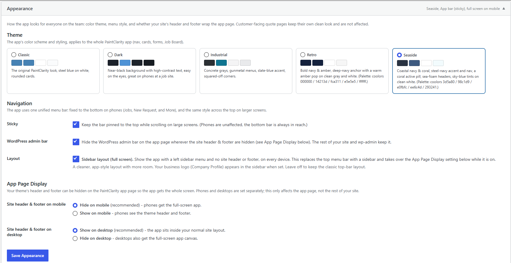 Settings: Company Profile, Appearance themes, Stripe, and AI.