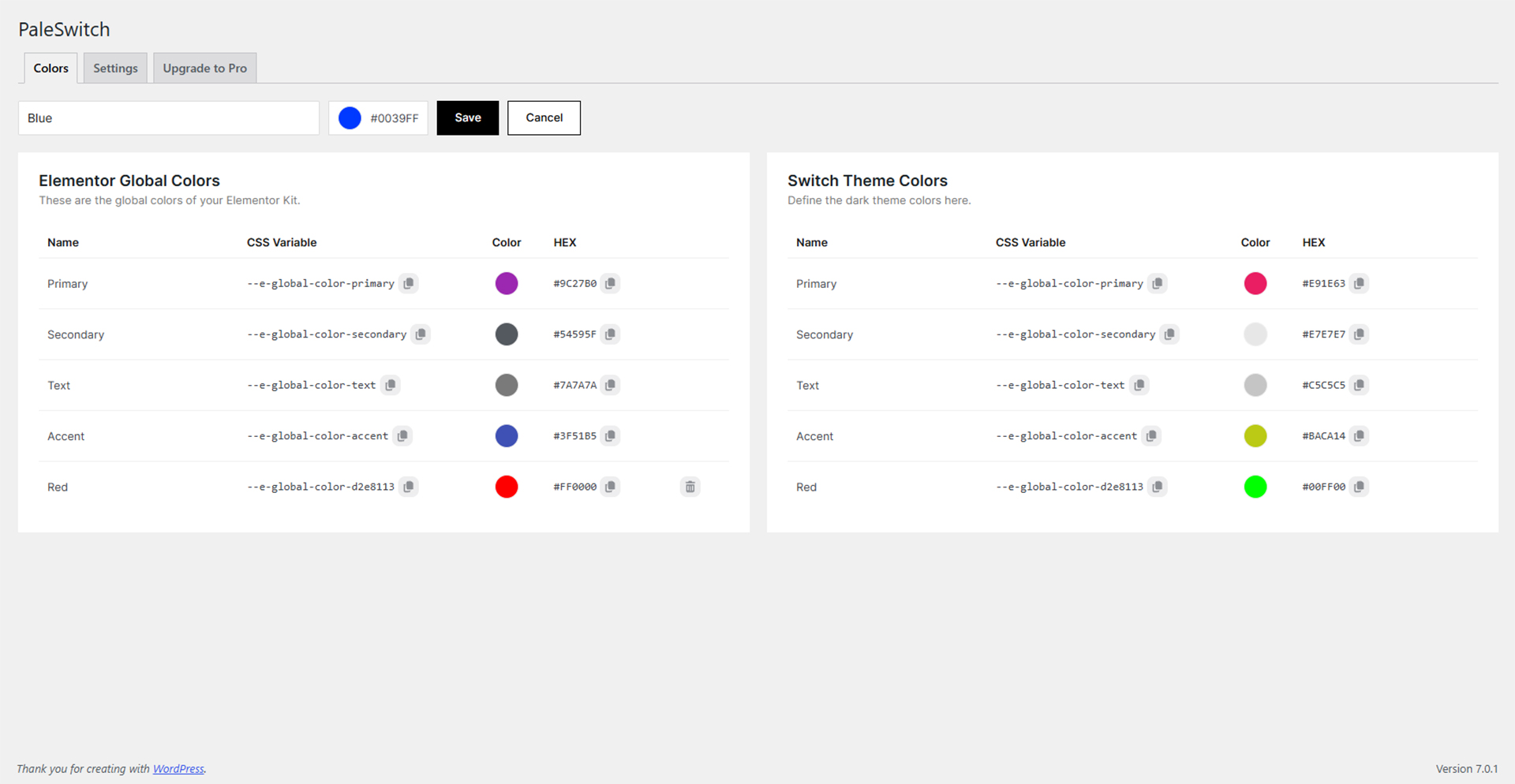 PaleSwitch main color management panel.