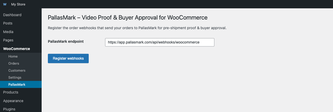 The PallasMark settings page under WooCommerce, before registering webhooks.