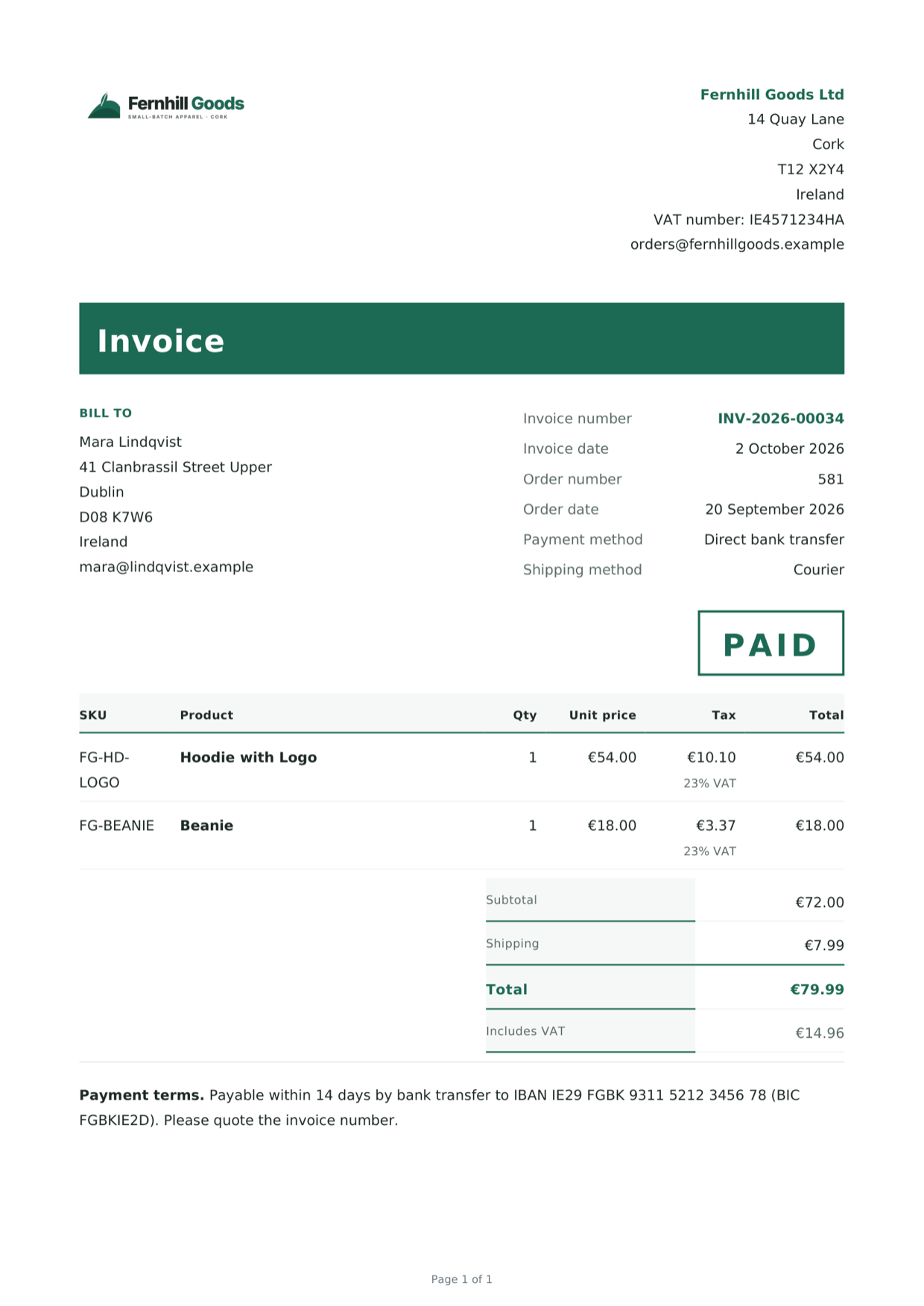 The invoice, as a customer receives it.