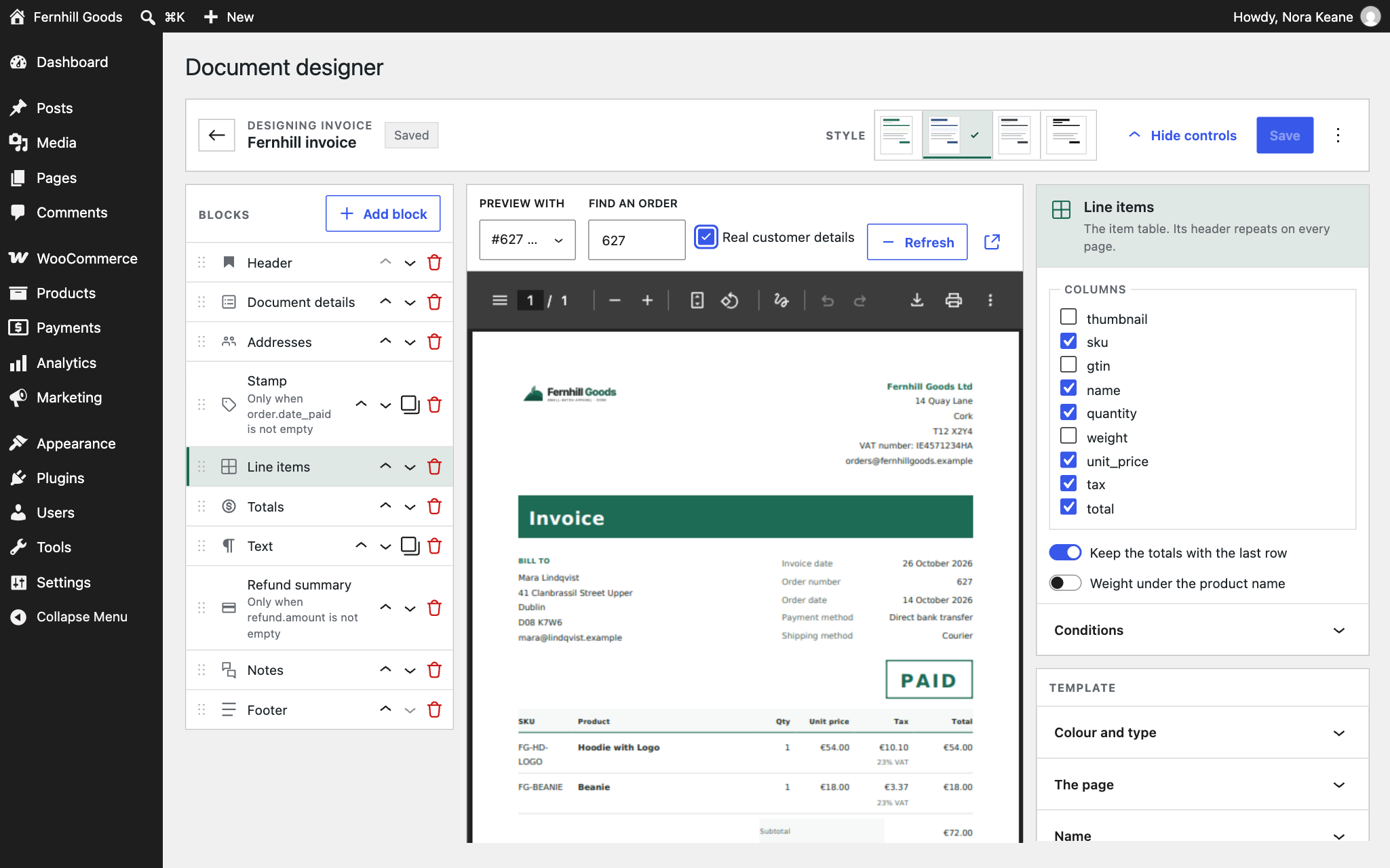 The template designer, with blocks arranged per document type.