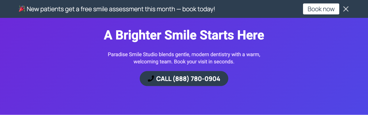 A real landing page — the Announcement Bar, a gradient hero, and a WhatsApp Phone Button working together.