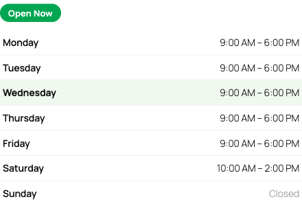 Business Hours widget — the weekly schedule with a live "Open Now / Closed" badge and today highlighted.