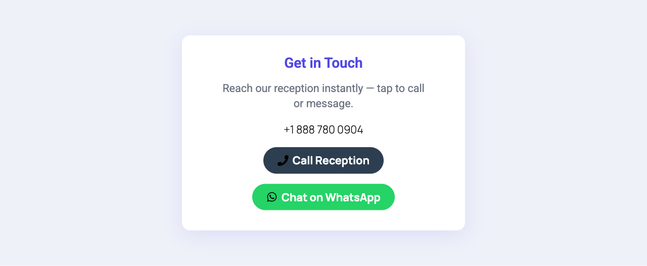 Phone widgets — a contact card with Phone Link, tel + WhatsApp Phone Buttons, and the floating Call Button.
