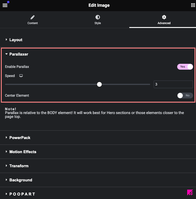 Parallaxer settings panel in Elementor