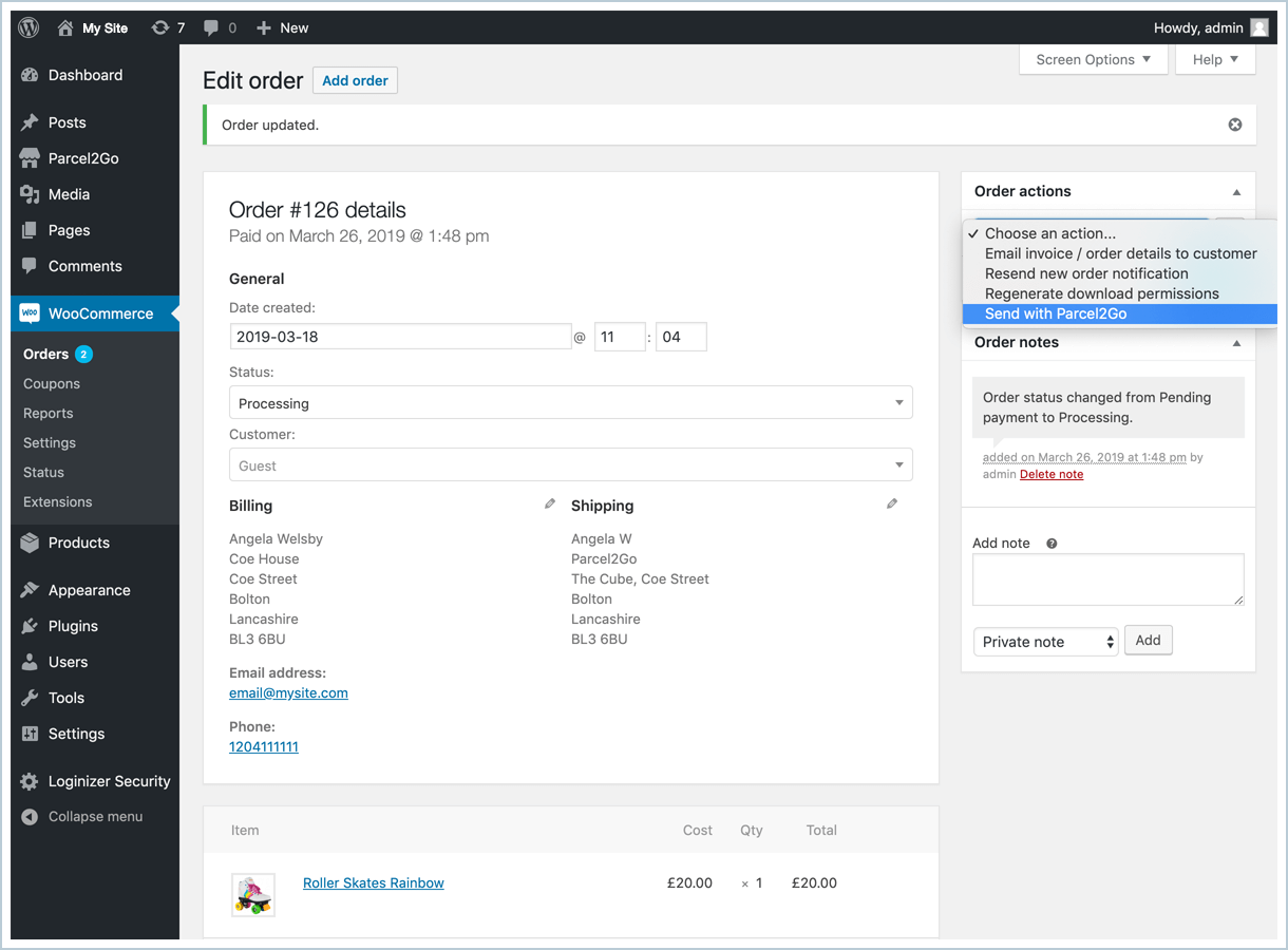 <p>From the dropdown menu click on 'Send with Parcel2Go'.</p>
