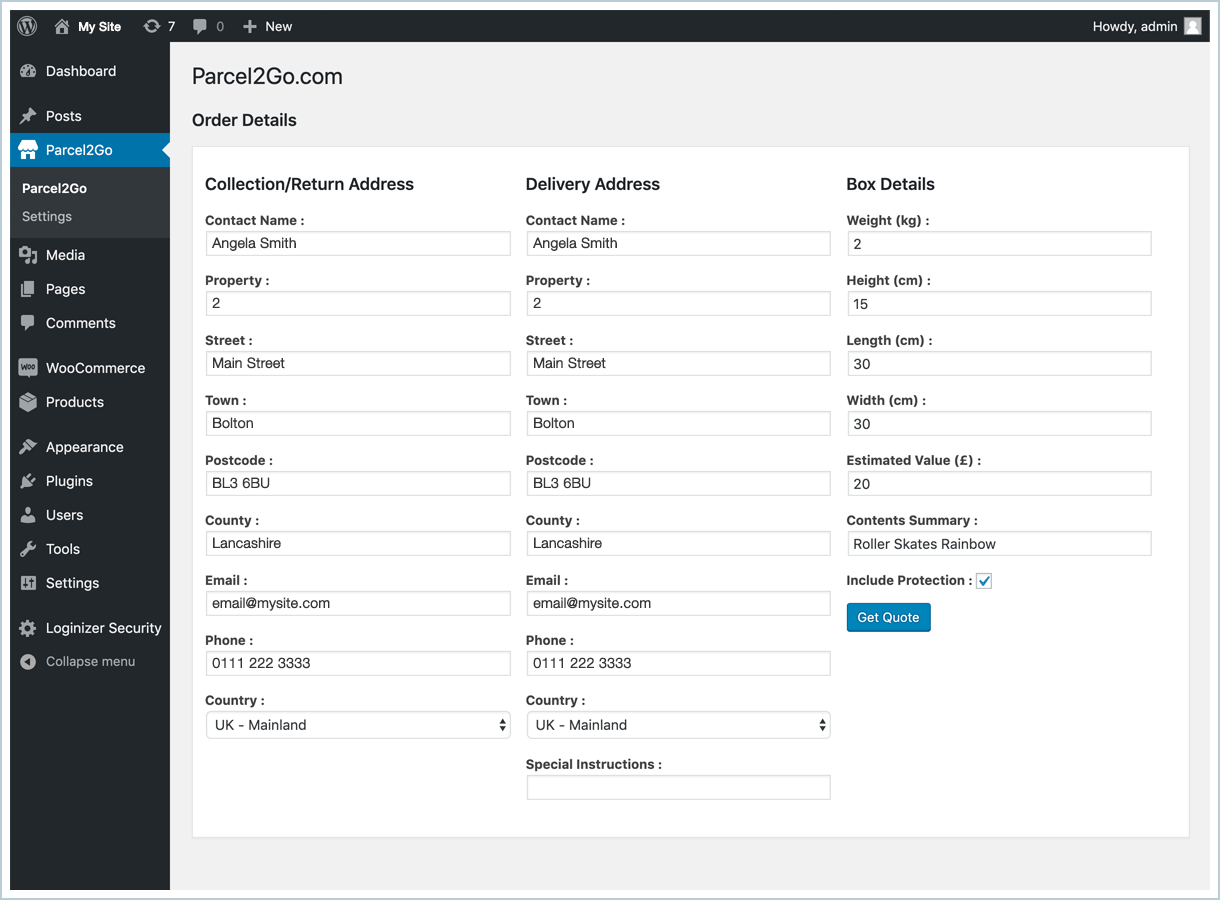 <p>The order will move over to Parcel2Go where you can review and then click on 'Get Quote'.</p>