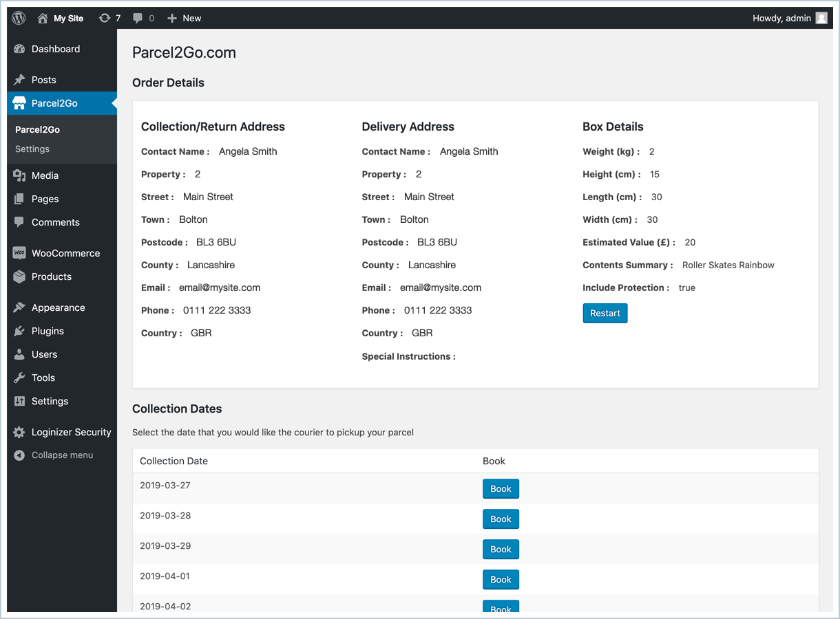 <p>For a collection service click on 'Book' next to the day you want your parcel to be collected. The
courier will collect your parcel from your collection/return address you specified in the settings.</p>