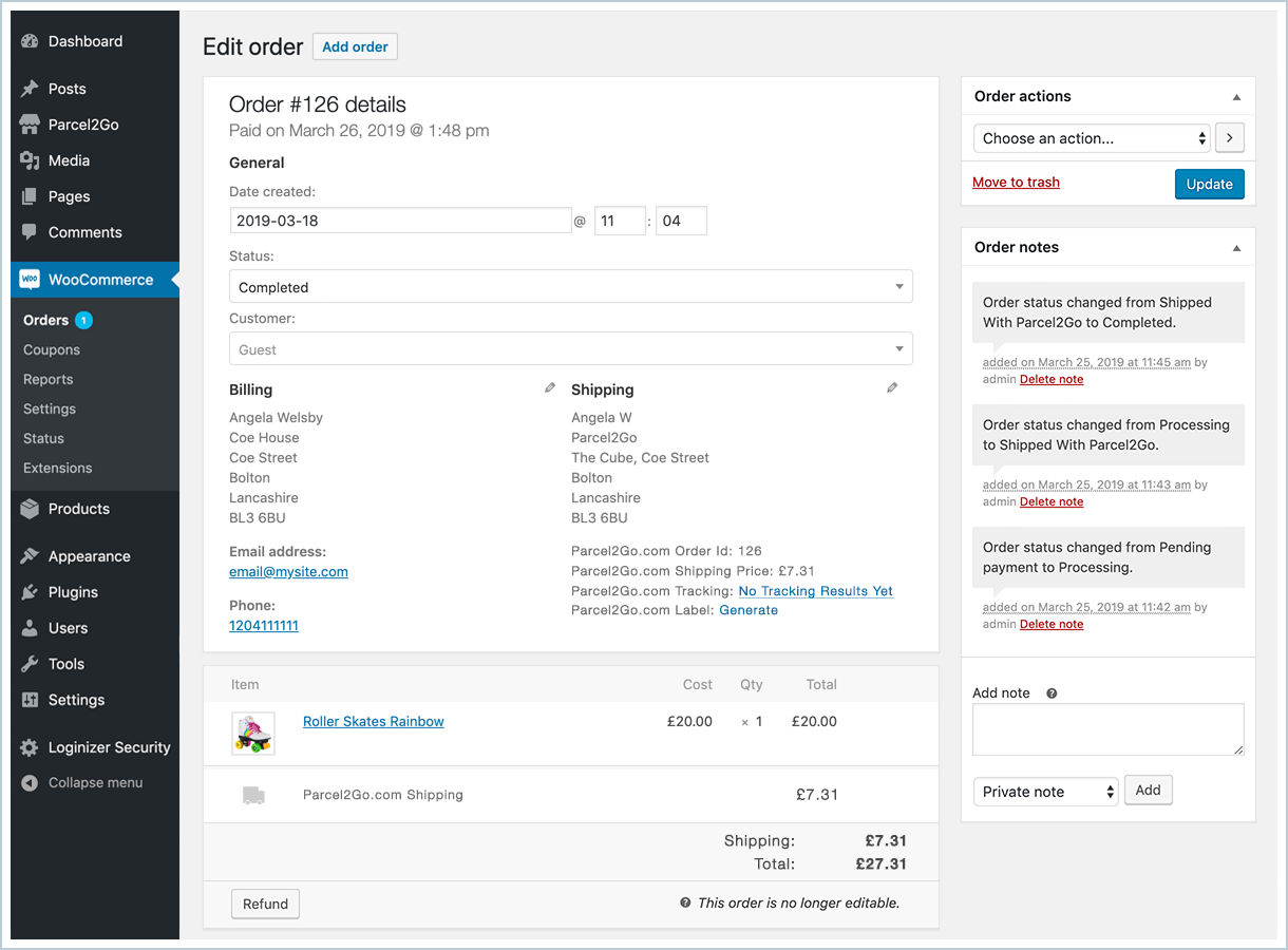 <p>When you go back to your order within WooCommerce you will see your order status has
changed to 'Completed'.</p>