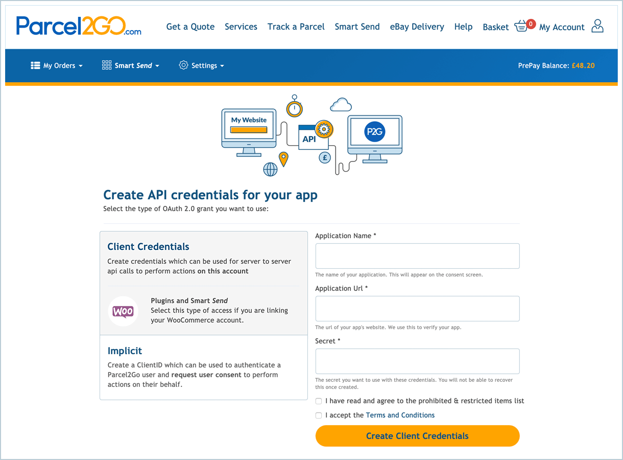 <p>Create your API credentials and take note of the ClientId and ClientSecret.</p>