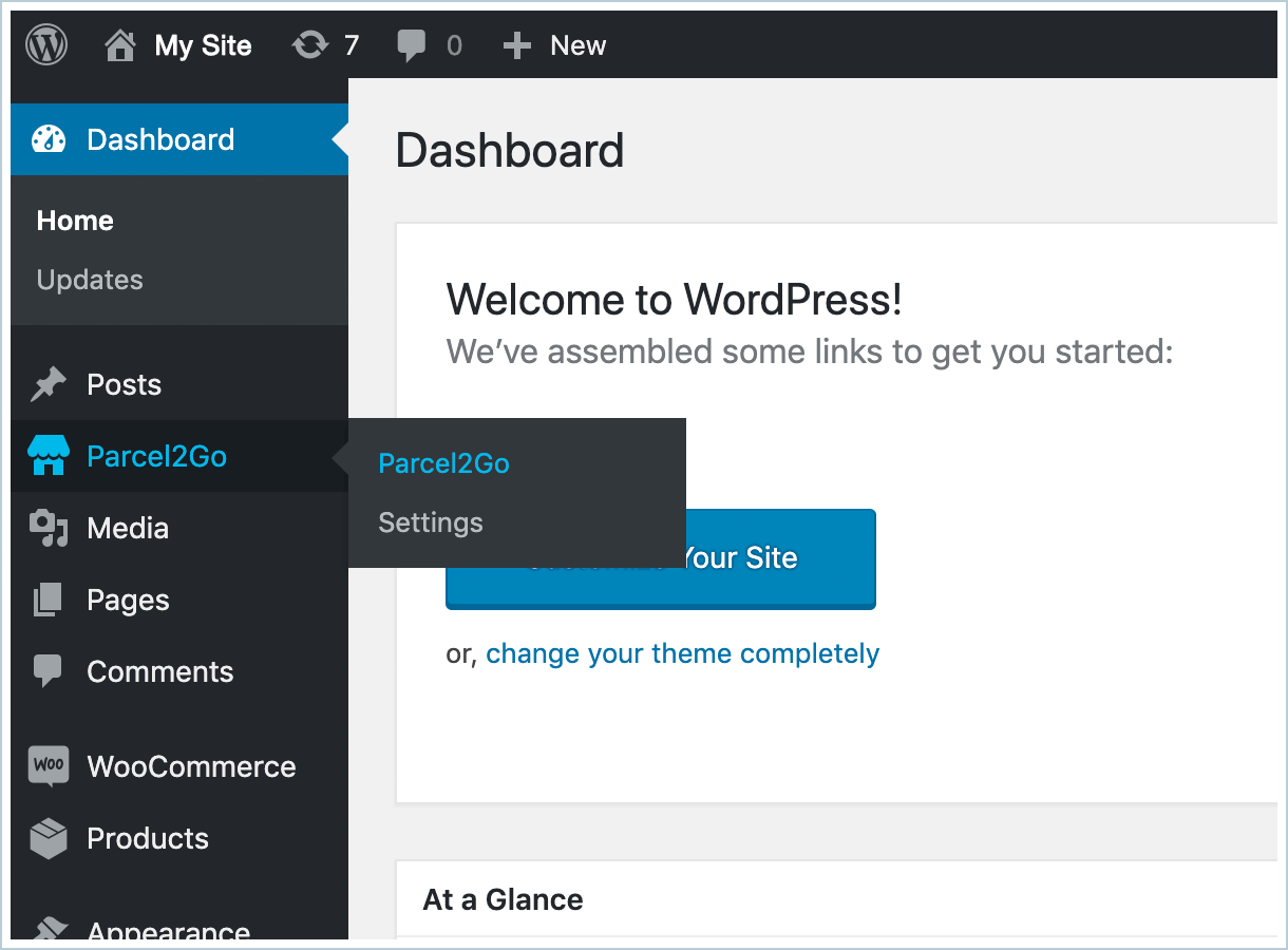 <p>If you've already added the plugin navigate to your WordPress dashboard and you should now
see Parcel2Go on the side panel.</p>