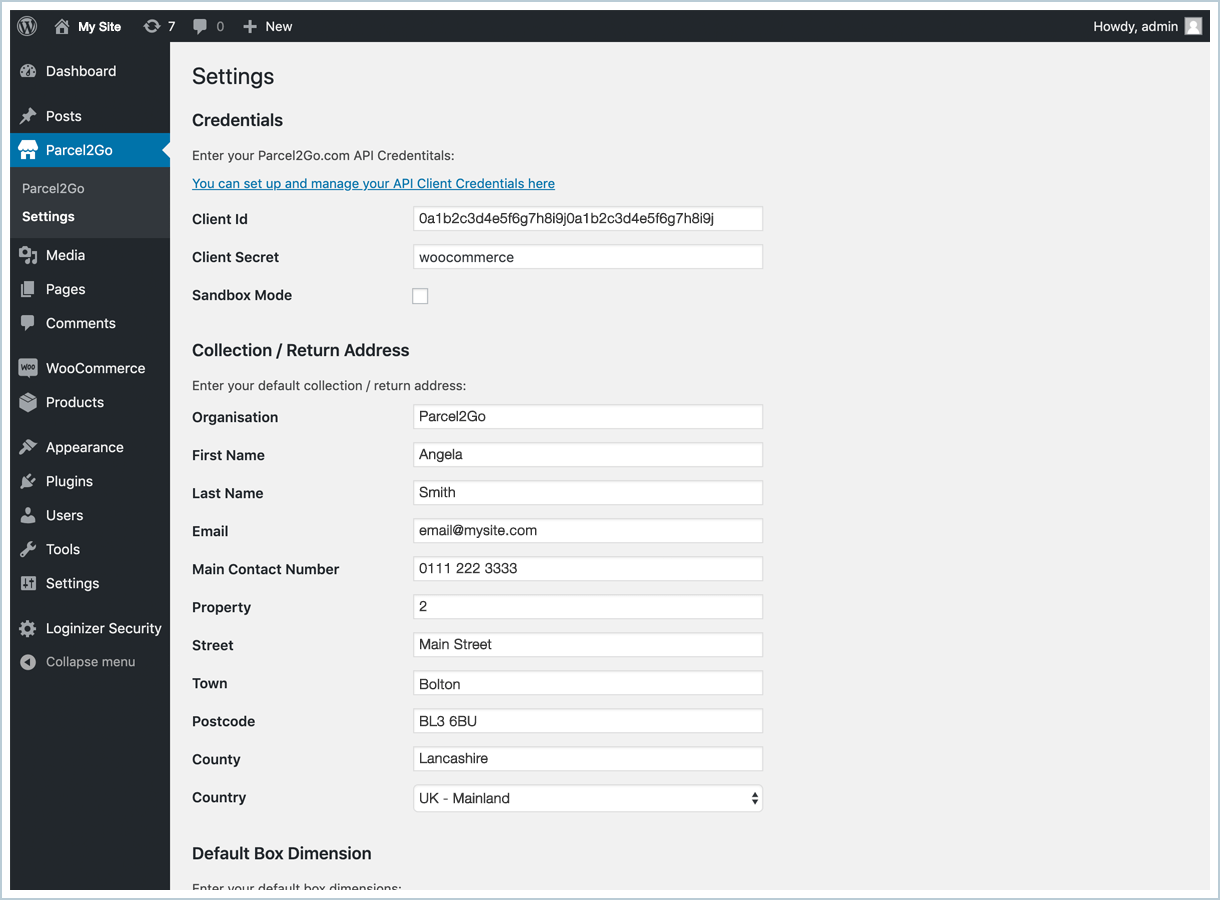 <p>Click on settings and enter your ClientId and ClientSecret. On this page you can also set your
Collection / Return Address.</p>