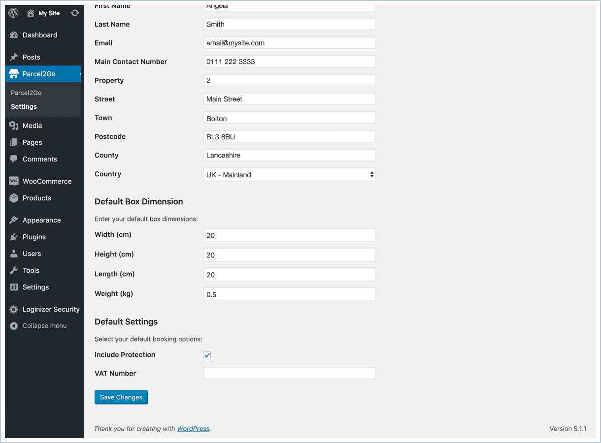 <p>Further down the settings page you can set a default box size and weight. You can also include
parcel protection to your order.</p>