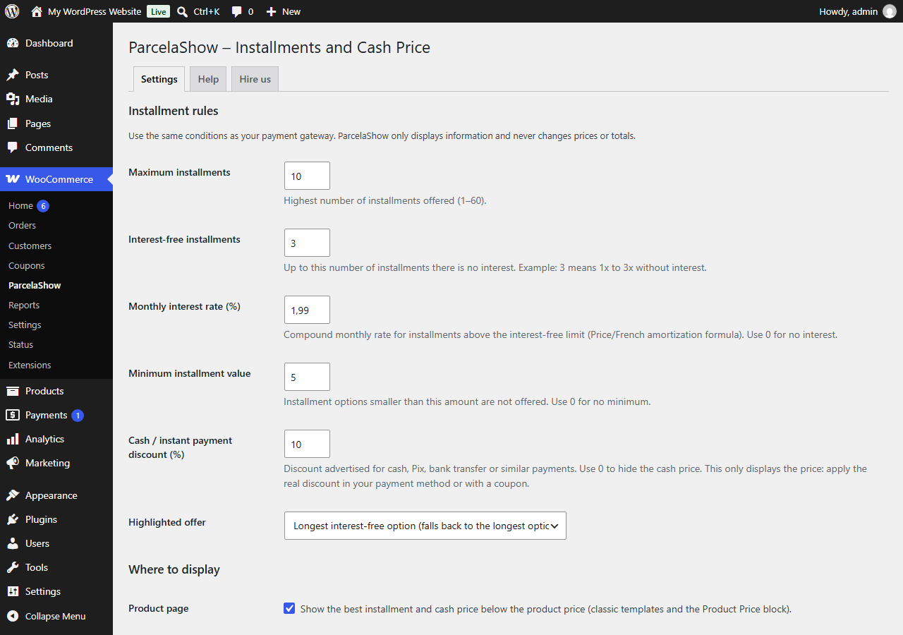 Settings page with preview.