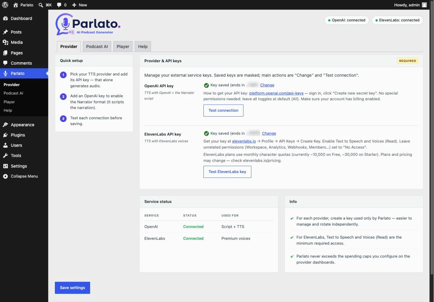 Provider tab — OpenAI / ElevenLabs picker, API key and model