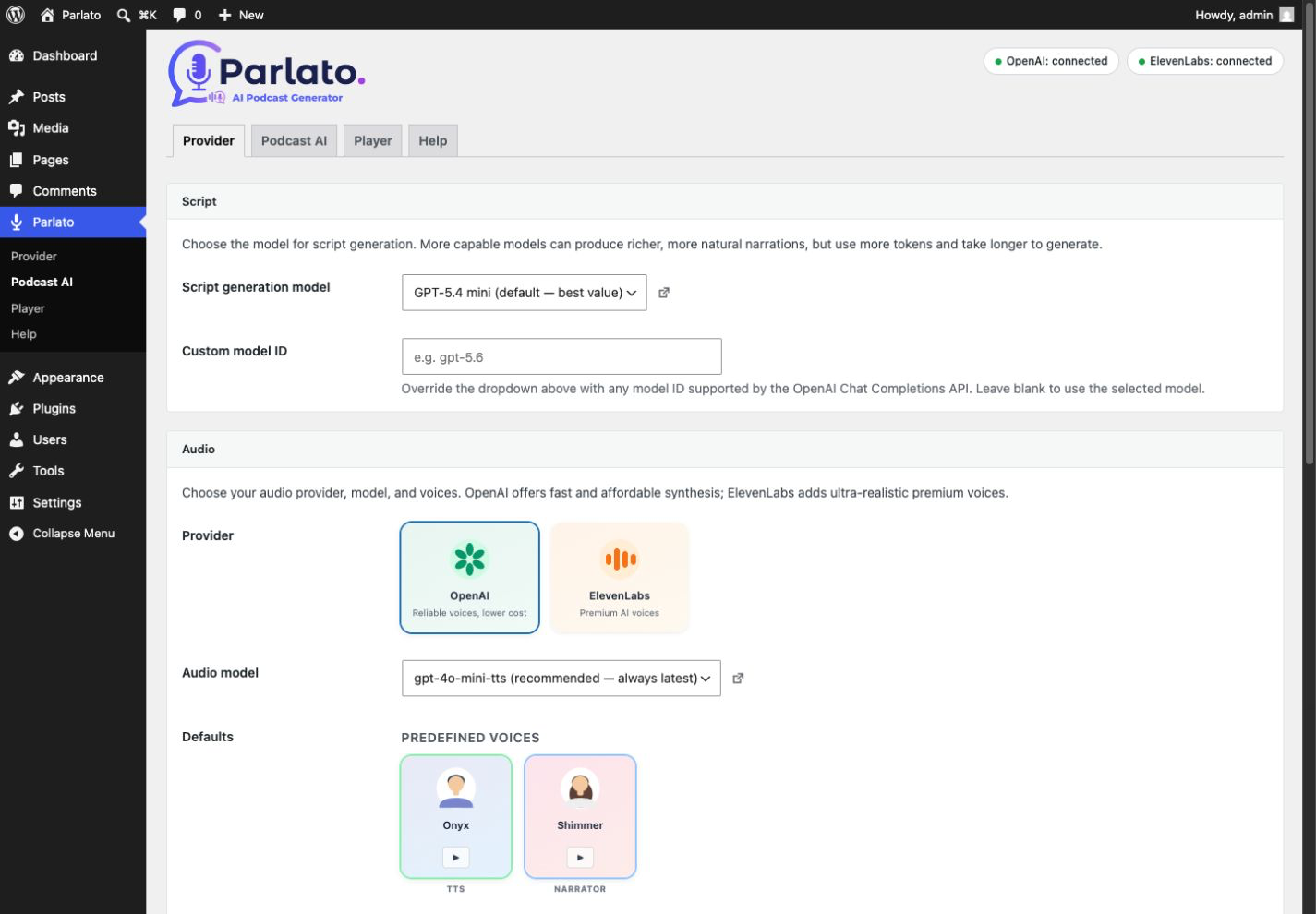 Podcast AI tab — Narrator format, voices and script model