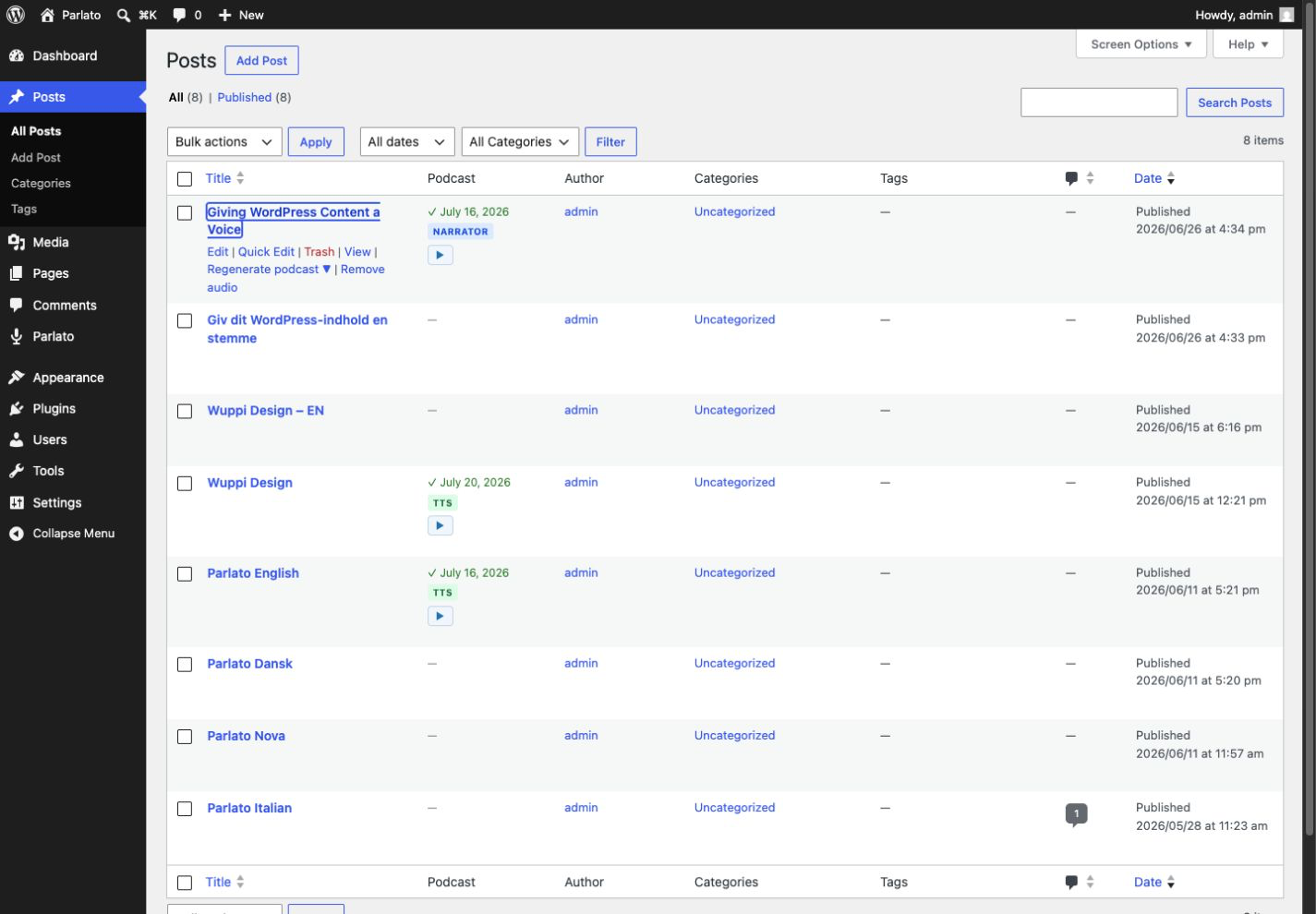 Posts list — "Generate" row action and status column