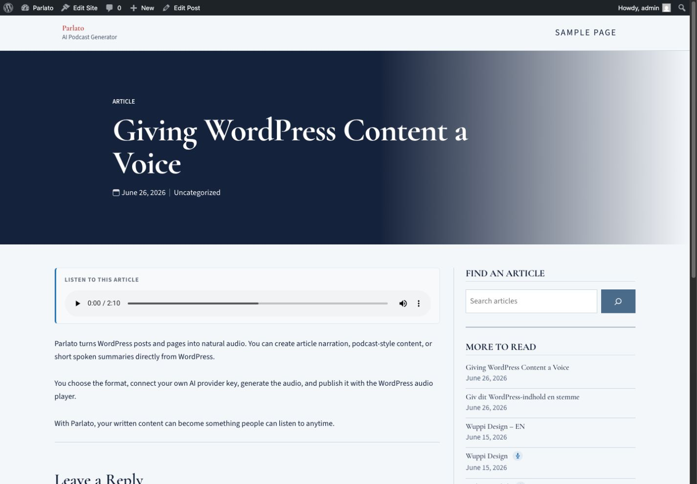 Frontend audio player displayed with a post