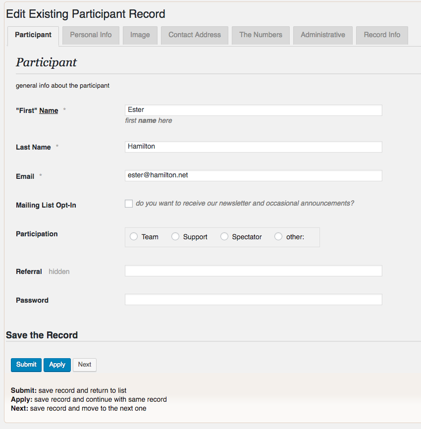 Editar registro: é aqui que um registro individual pode ser criado ou editado