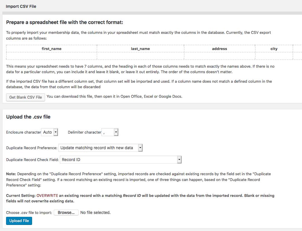 Import CSV File: page where CSV files can be imported, includes detailed instructions and a blank spreadsheet download