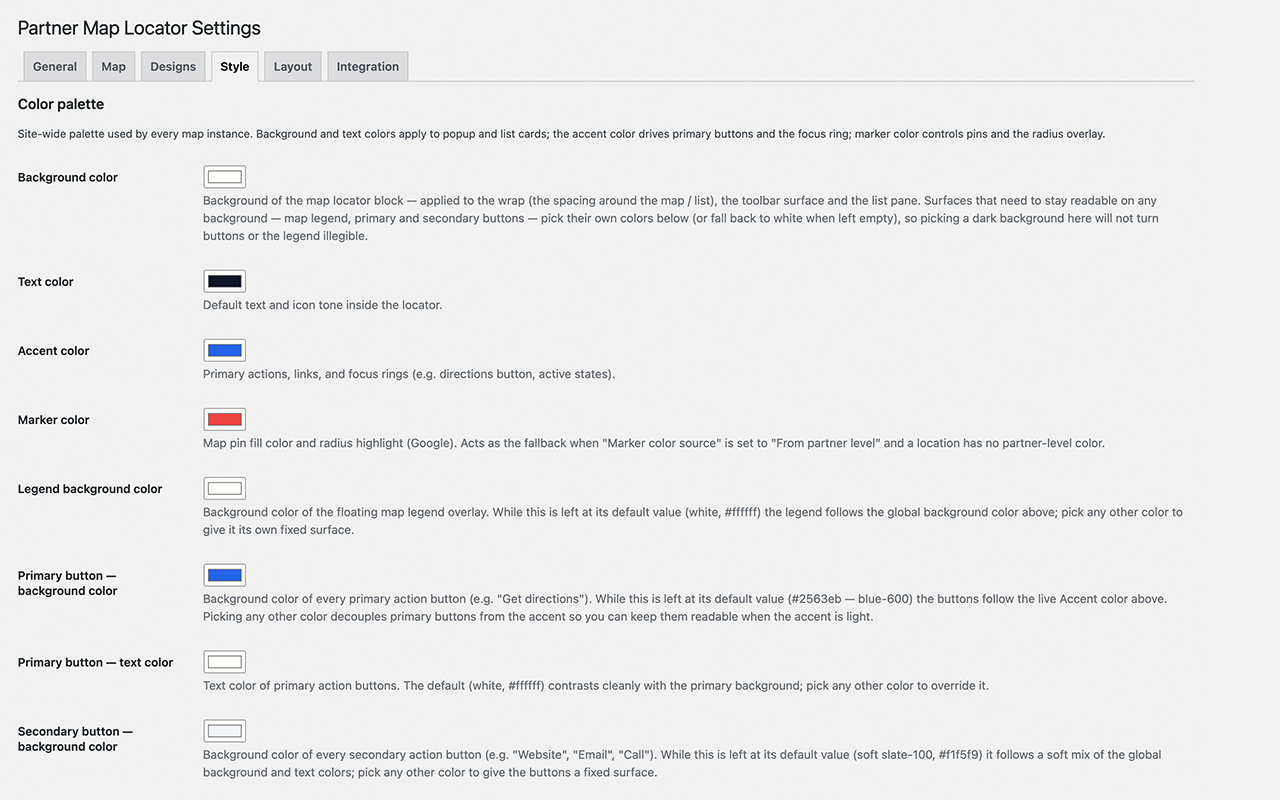 Plugin settings: map defaults, designs and optional features.