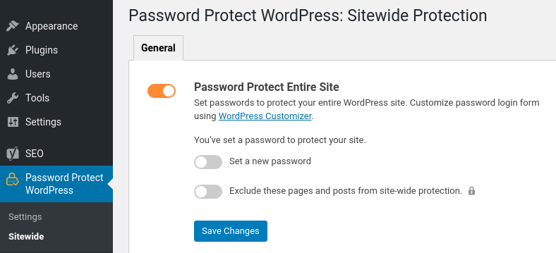 <p>It's easy to password protect your whole site with our plugin. Users are required to enter a password when accessing any pages or posts including the homepage.</p>