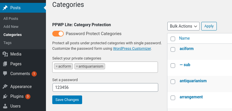 <p>Select which categories you want to protect and set a password. All posts under these categories will be unlocked at the same time.</p>