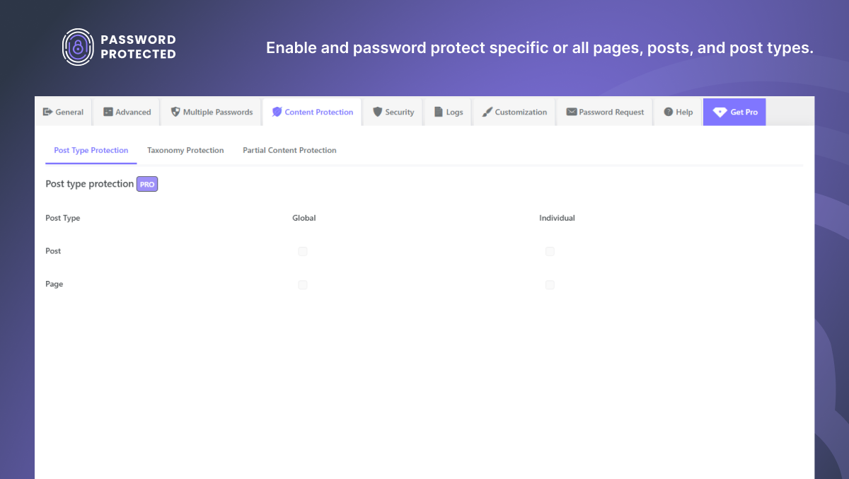 Enable and password protect specific or all pages, posts, and post types.