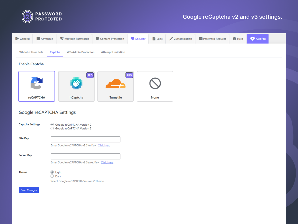 Google reCaptcha v2 and v3 settings.